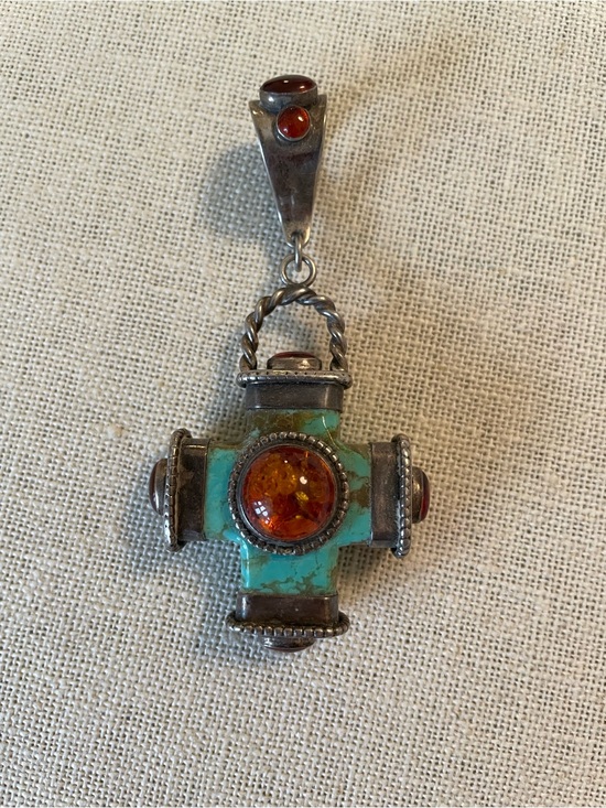 Navajo Jewelry - LARGE Reversible Sterling Silver, Turquoise, and Amber Cross Pendant